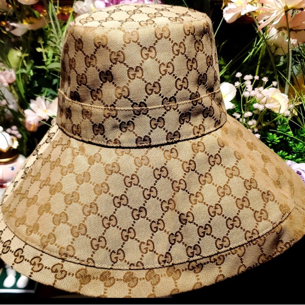 Gucci GG Monogram Bucket Hat Wide Large Brim Beige Tan Jacquard Canvas Denim - Picture 8 of 12